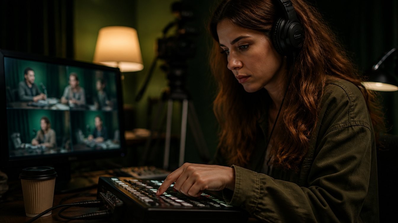 Réalisatrice pilotant une régie multicaméra pendant un podcast