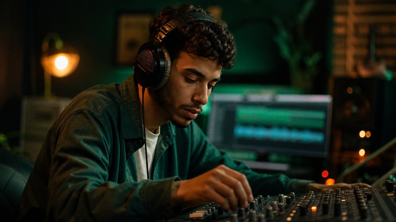 Producteur audio réglant une console de mixage pendant un enregistrement