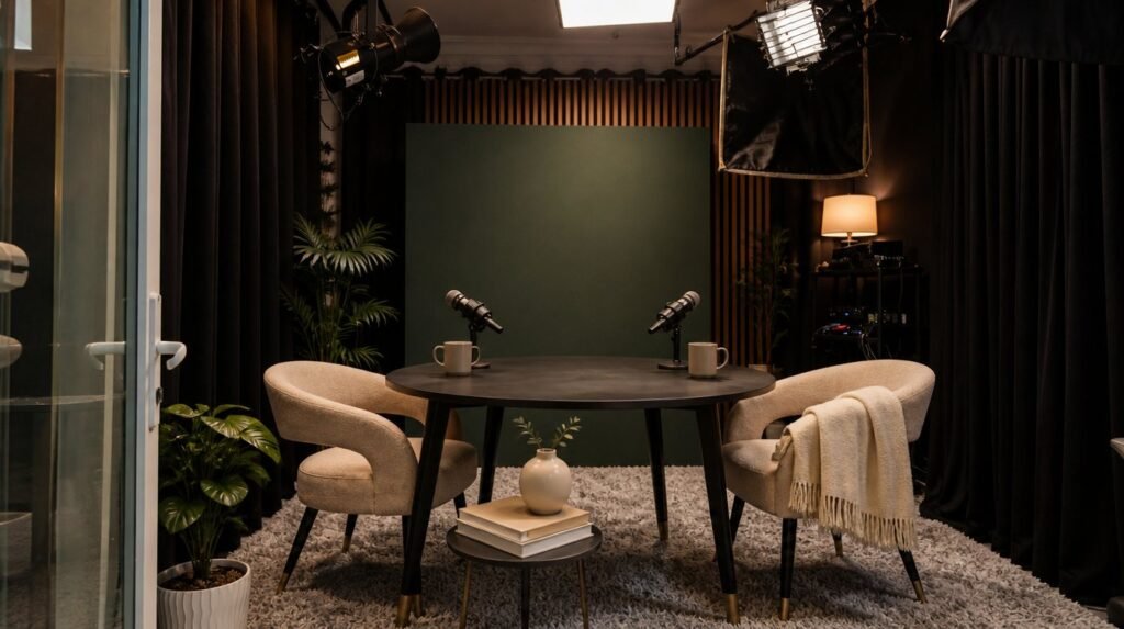 Plateau du studio habillé aux couleurs d'une marque
