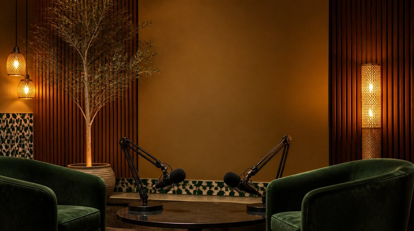 Exemple de décor de podcast sur mesure aux couleurs d'une marque