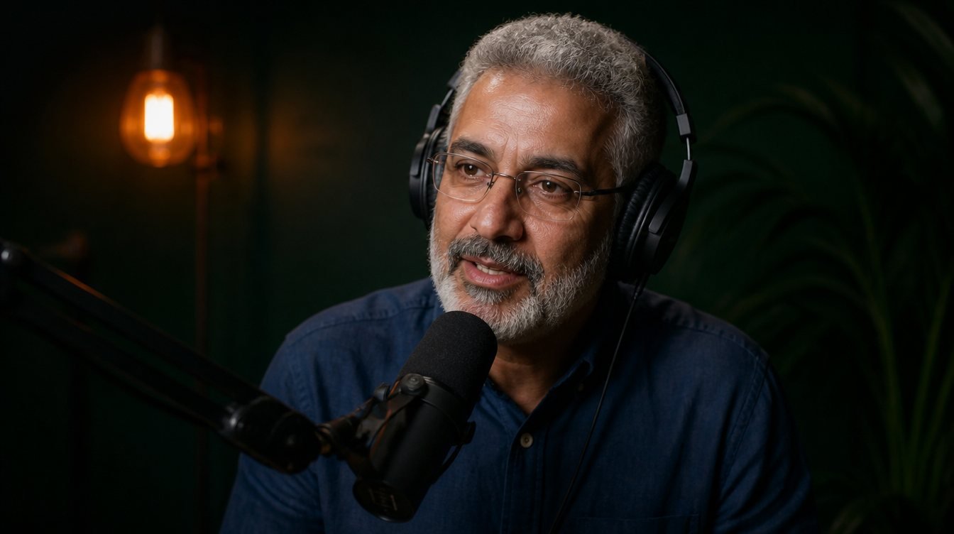 Intervenant enregistrant un podcast en solo, casque sur les oreilles