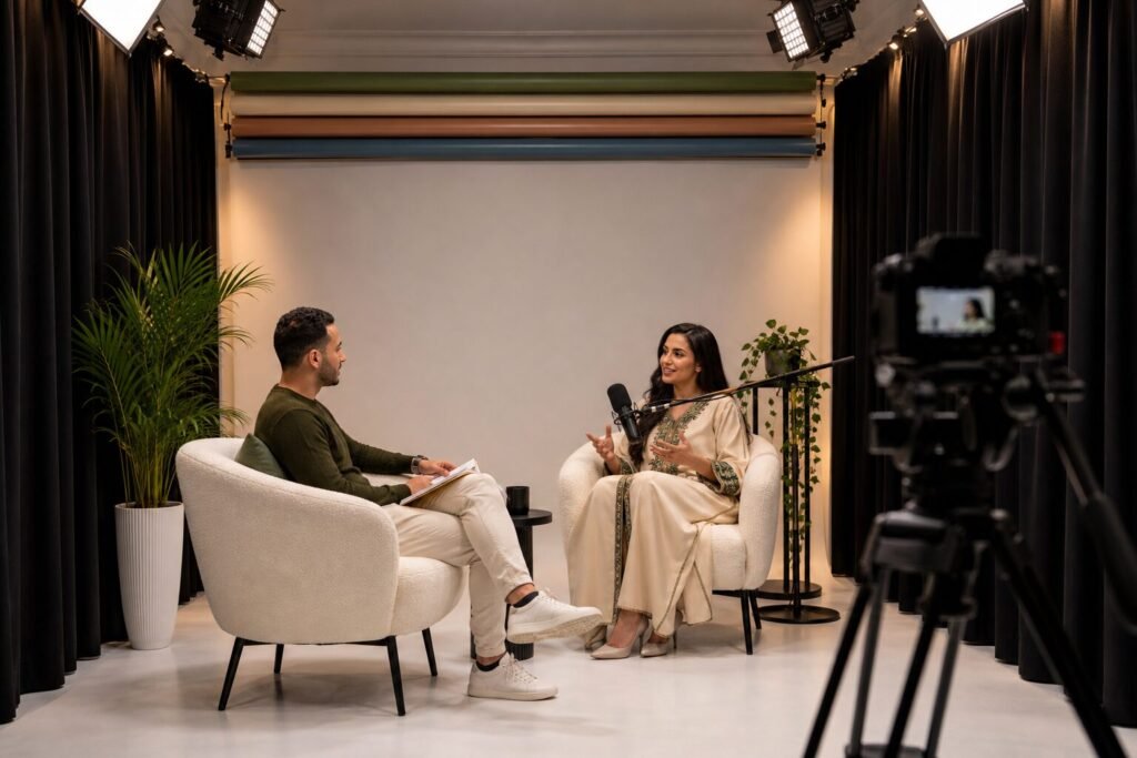 Interview vidéo sur le plateau fond papier du studio à Rabat, l’invitée parle, l’animateur écoute