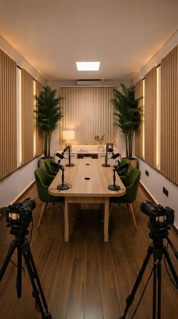 Studio podcast à Rabat : salle avec longue table, fauteuils verts et deux caméras Sony