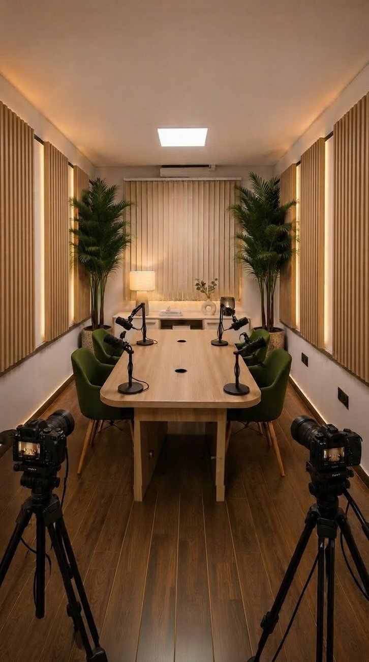 Studio podcast à Rabat : salle avec longue table, fauteuils verts et deux caméras Sony