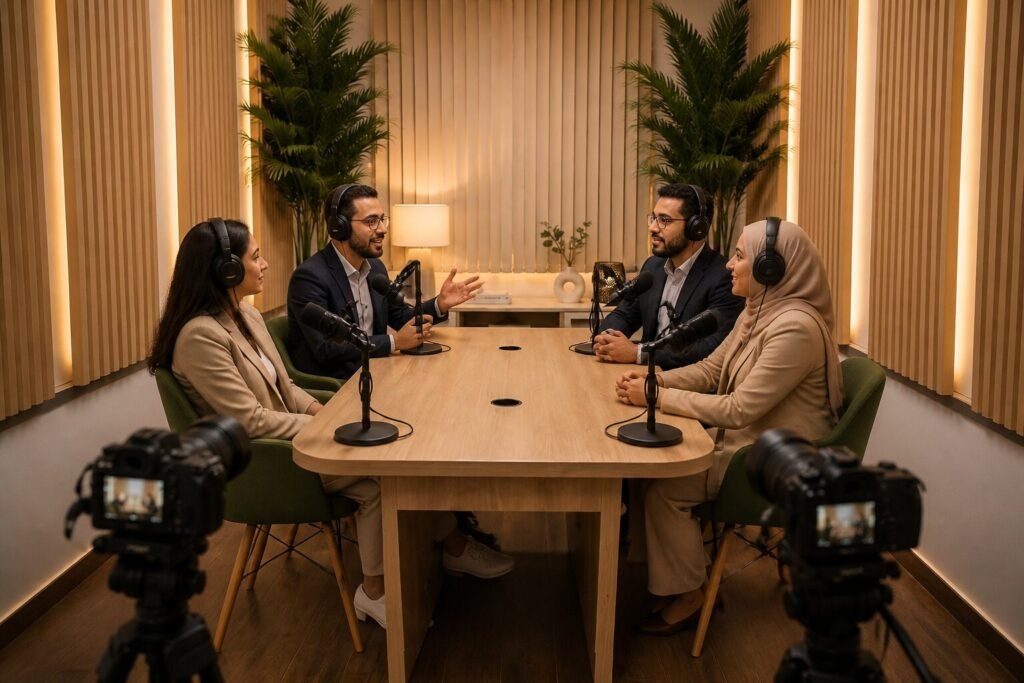 Tournage podcast à quatre dans la salle de réunion du studio à Rabat, un intervenant parle, les autres écoutent