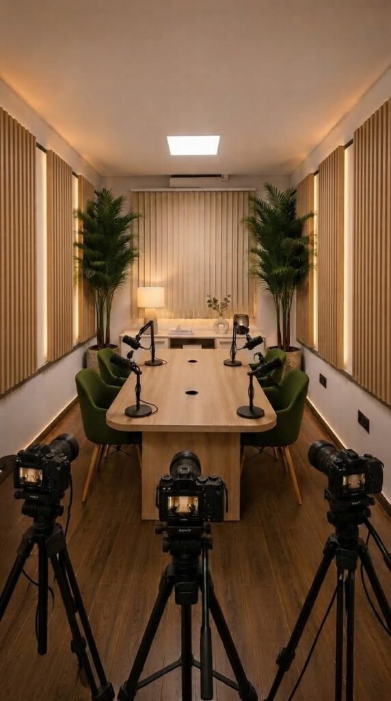 Studio podcast à Rabat : salle avec longue table, fauteuils verts et trois caméras Sony